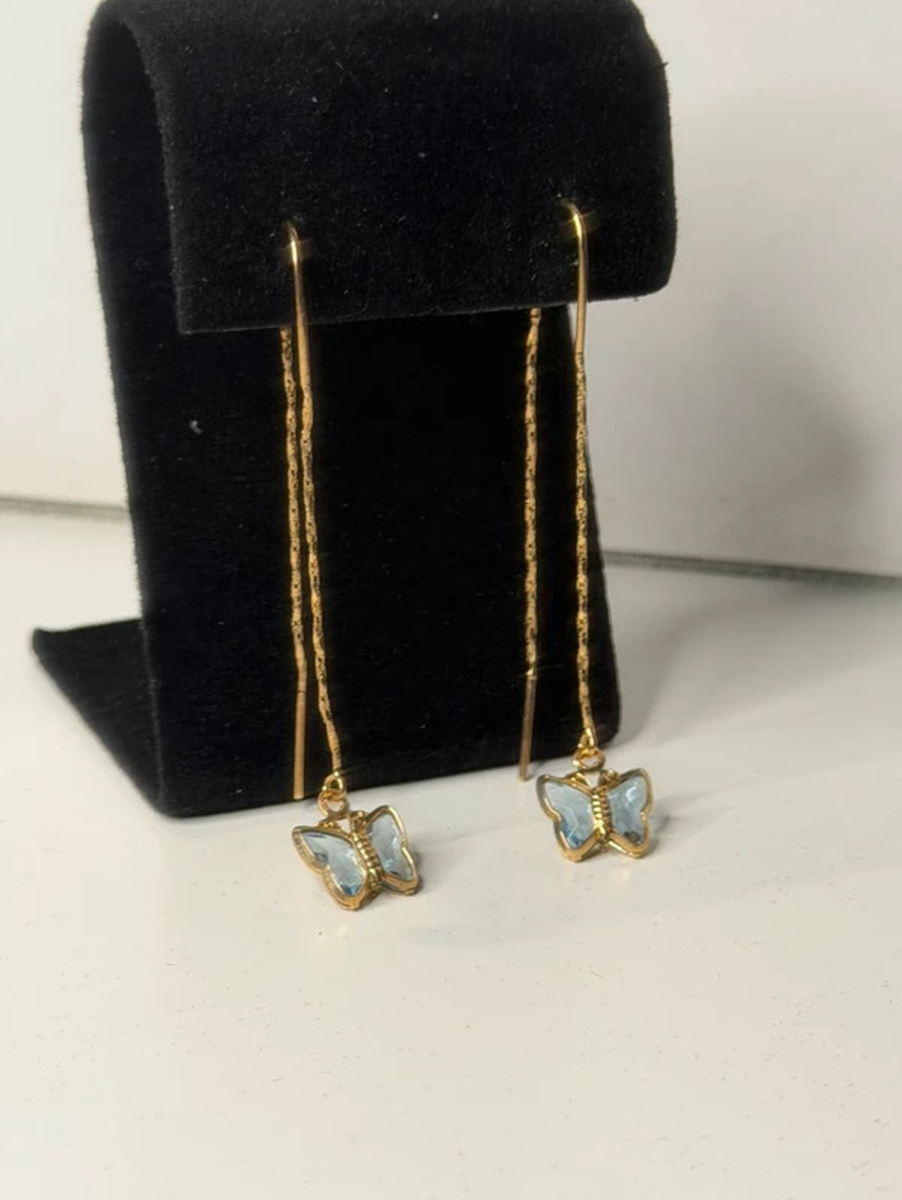 Gold Blue Crystal Glass Butterfly Threader Dangle Earrings